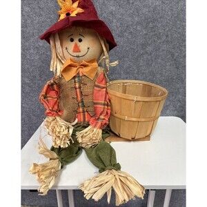 Fall Scarecrow Doll with Wooden Basket 20" Thanksgiving Harvest Farmhouse Decor